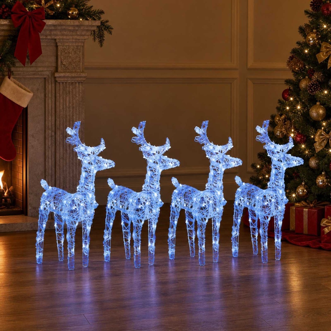 Świąteczne renifery, 4 szt., 160 niebieskich LED, akryl