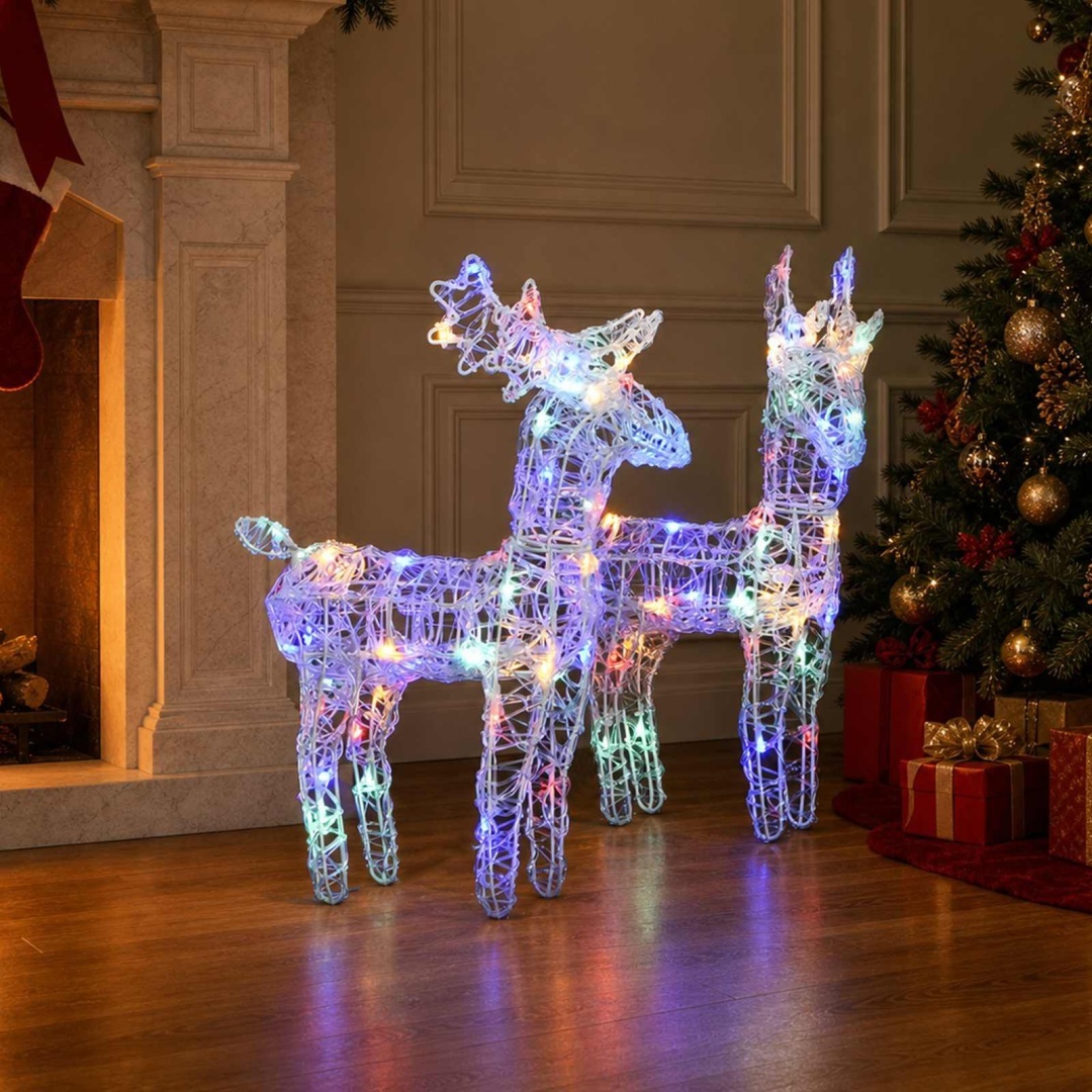 Świąteczne renifery, 2 szt., 80 wielokolorowych LED, akryl