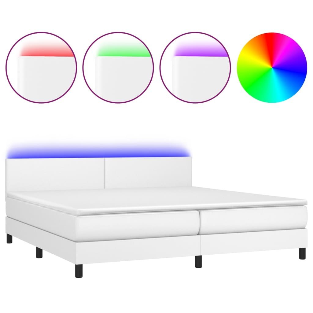 Łóżko kontynentalne z materacem i LED, biała ekoskóra 200x200cm Lumarko!