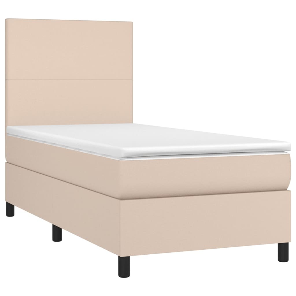 Łóżko kontynentalne, materac i LED cappuccino ekoskóra 90x200cm Lumarko!