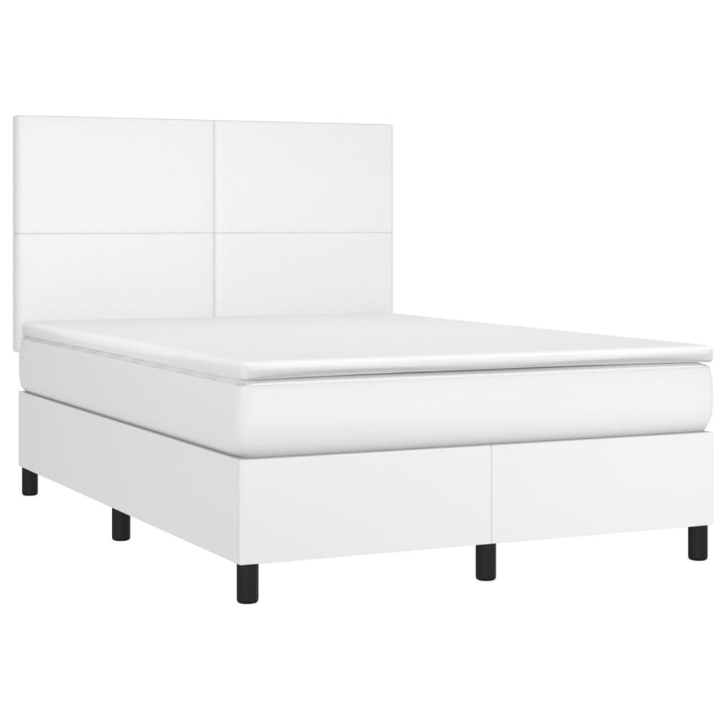 Łóżko kontynentalne z materacem i LED, biała ekoskóra 140x200cm Lumarko!