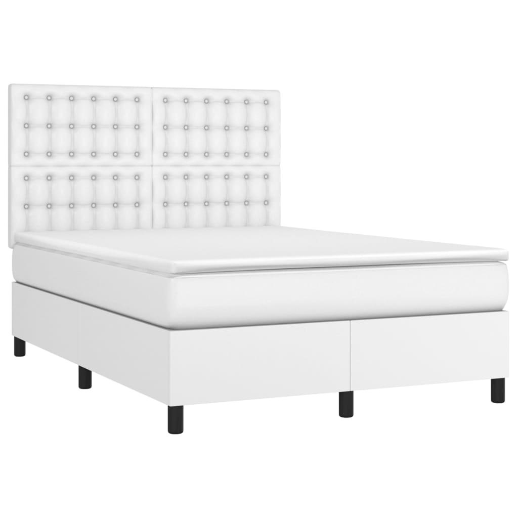 Łóżko kontynentalne z materacem i LED, biała ekoskóra 140x190cm Lumarko!