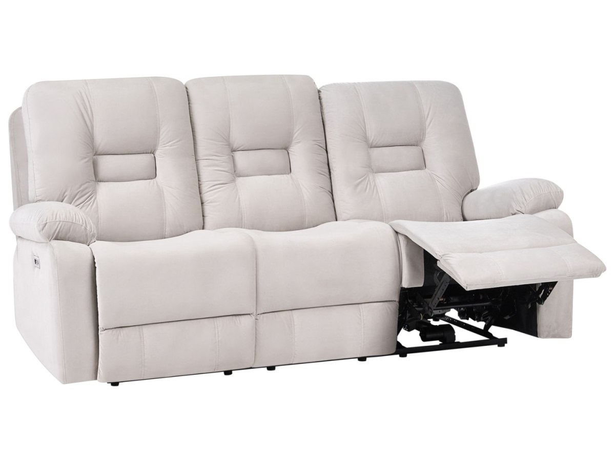 Sofa z elektryczną funkcją relaksu dla 3 osób BERGEN Welur Jasnobeżowy Z portem USB