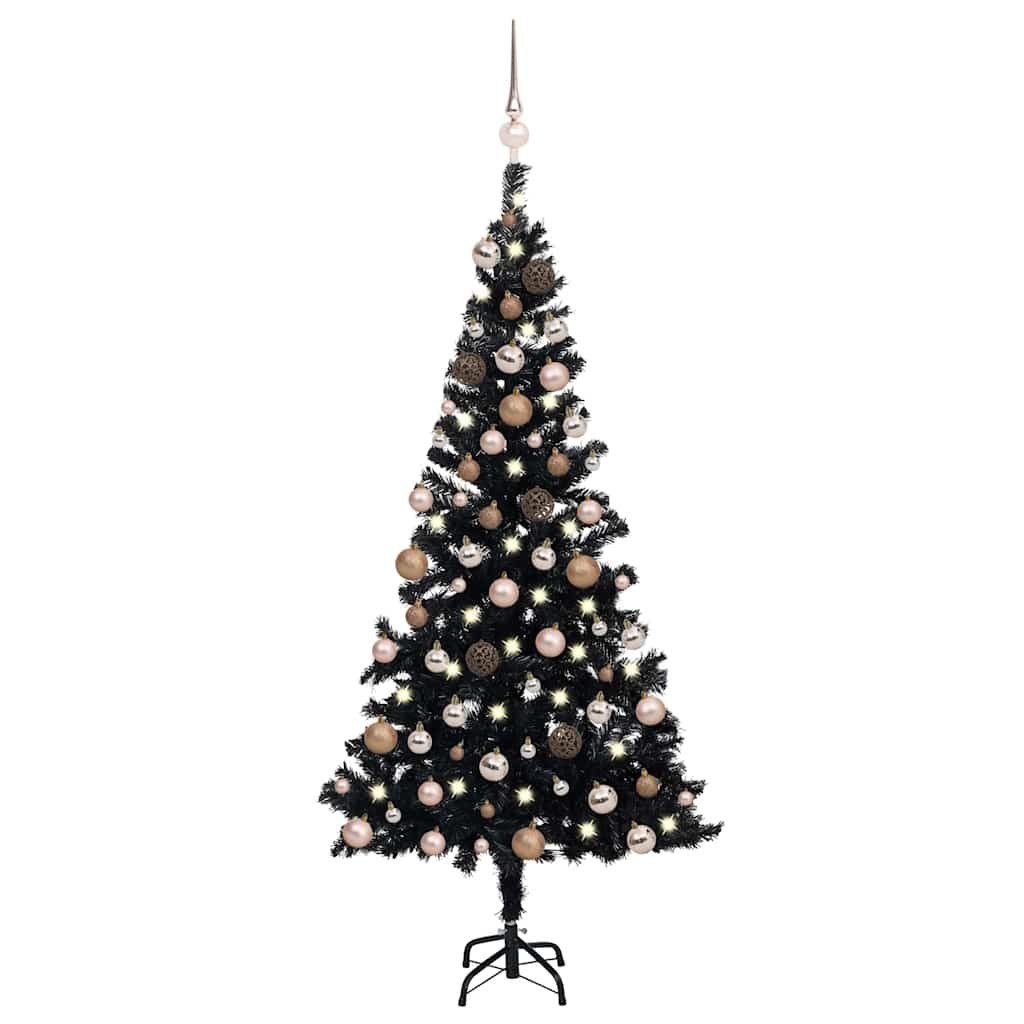 Sztuczna choinka z lampkami i bombkami, czarna, 180 cm, PVC
