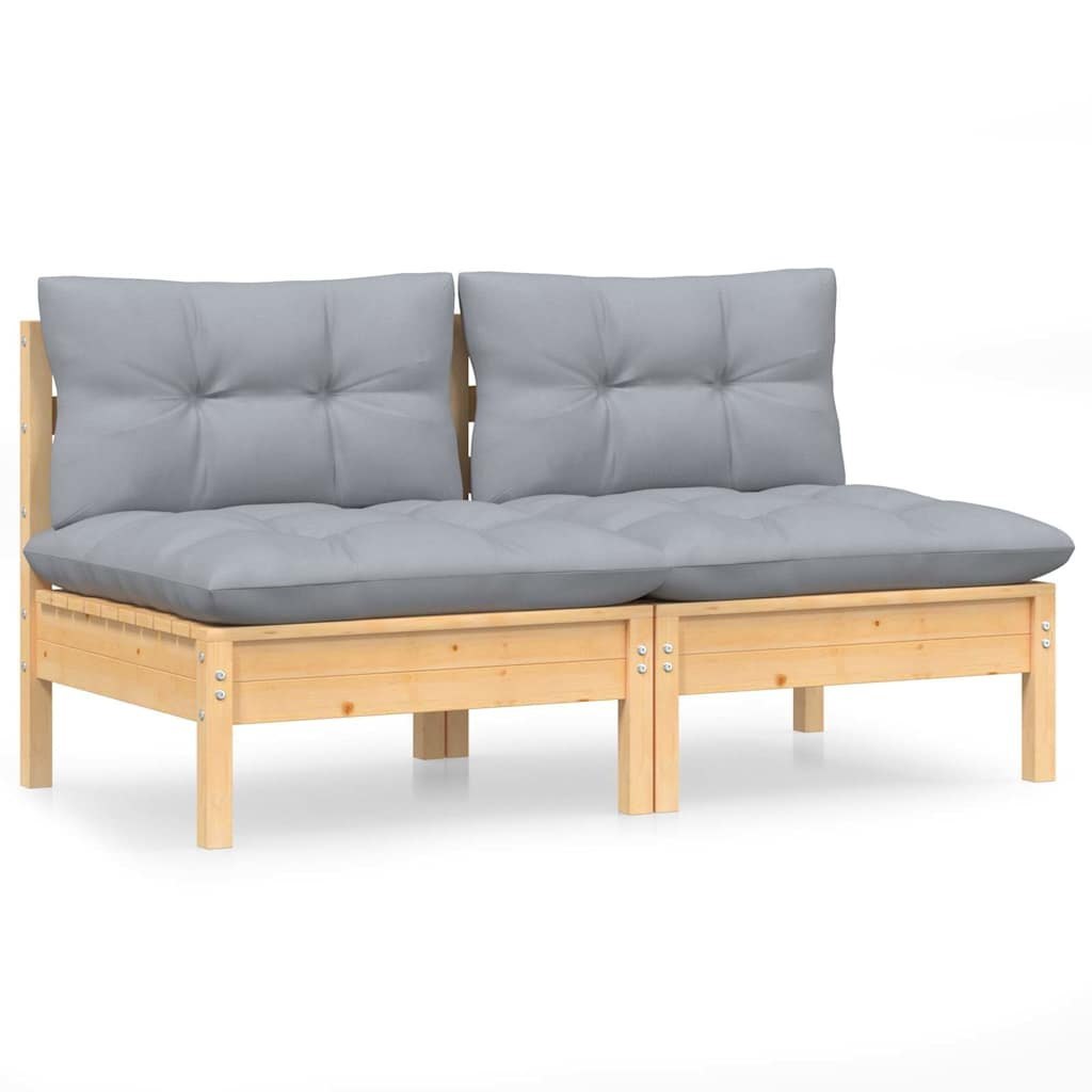 2-osobowa sofa ogrodowa z szarymi poduszkami, drewno sosnowe