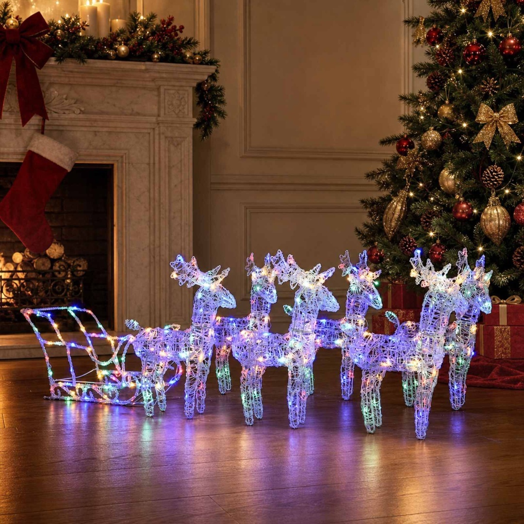 Dekoracja świąteczna - renifery z saniami, 320 LED, akrylowa