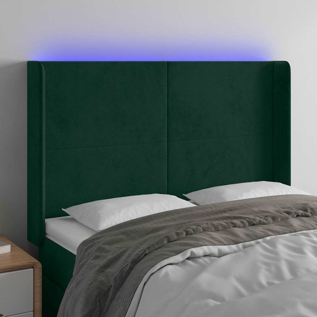 Zagłówek do łóżka z LED, ciemnozielony 147x16x118/128cm aksamit