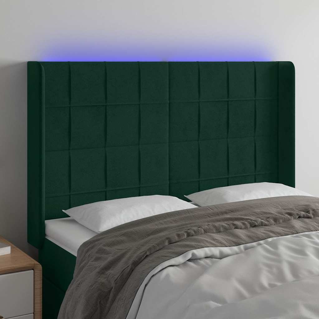 Zagłówek do łóżka z LED, ciemnozielony 147x16x118/128cm aksamit