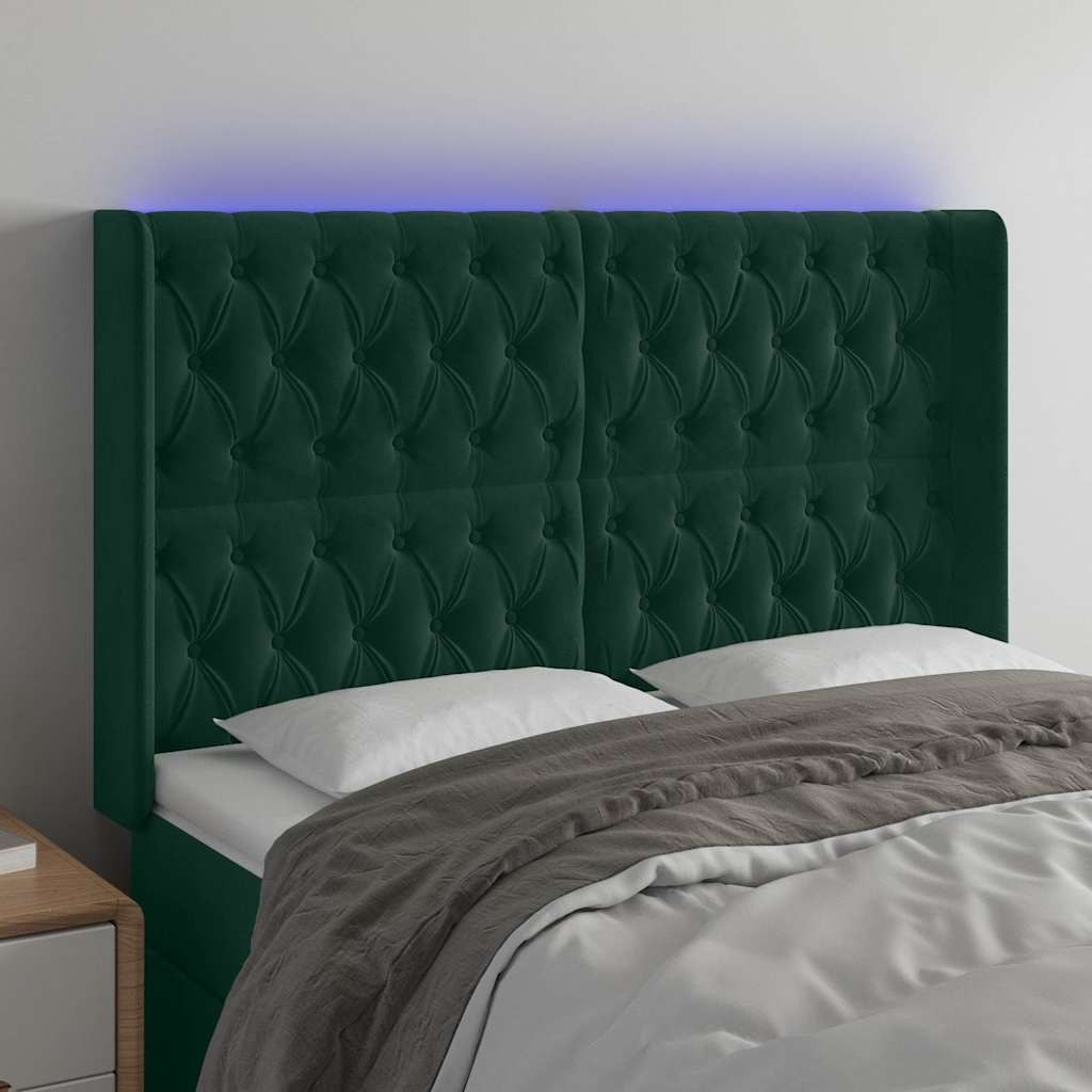 Zagłówek do łóżka z LED, ciemnozielony 163x16x118/128cm aksamit