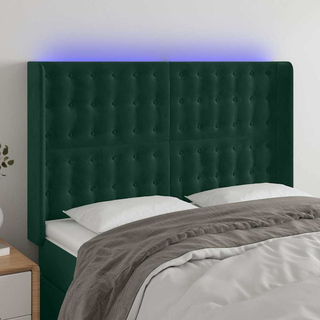 Zagłówek do łóżka z LED, ciemnozielony 147x16x118/128cm aksamit