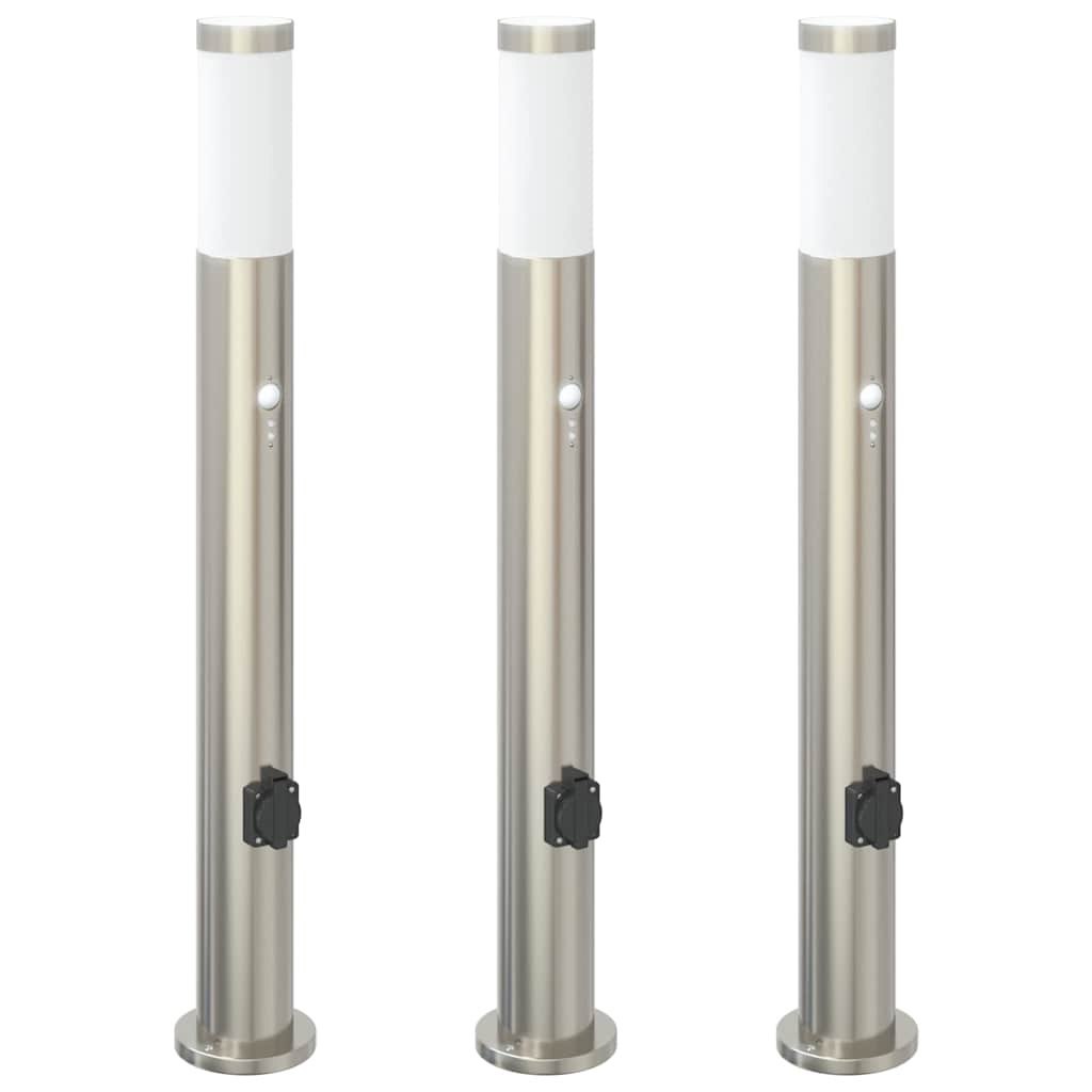Lampy słupkowe z czujnikiem i gniazdkiem, 3 szt., 80 cm, stal nierdzewna, IP44
