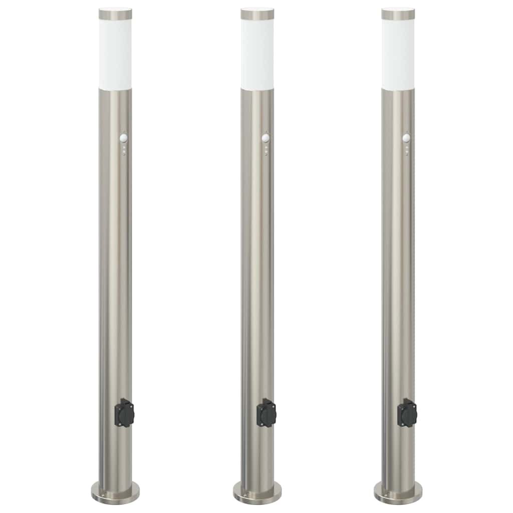 Lampy słupkowe z czujnikiem i gniazdkiem, 3 szt., 110 cm, stal nierdzewna, IP44