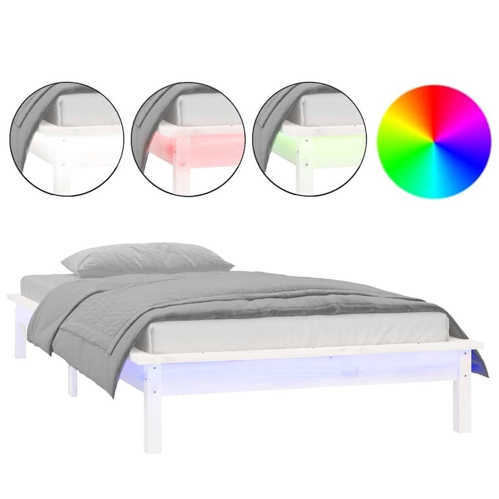 Rama łóżka z LED, biała, 75x190 cm, pojedyncza, lite drewno