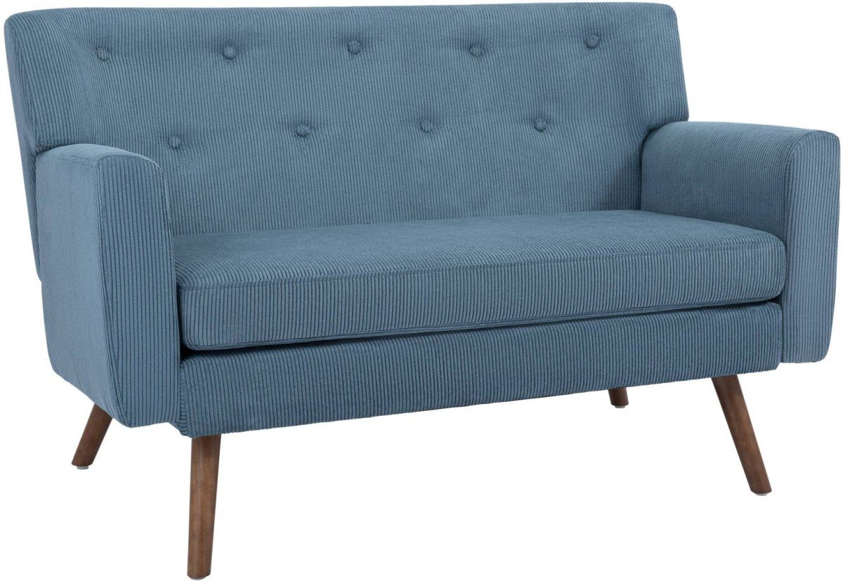 Sofa dwuosobowa Kioni niebieska, sztruksowa, na drewnianych nogach