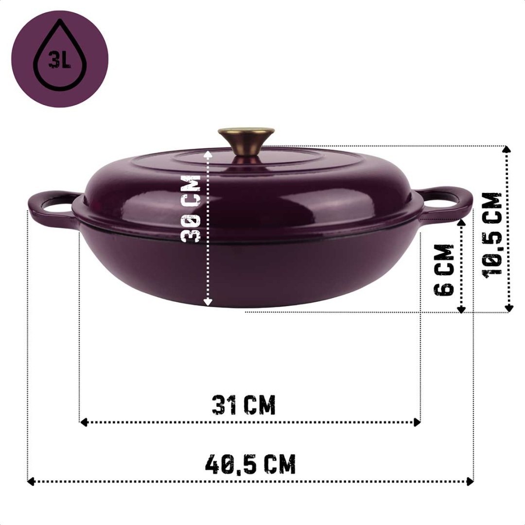 EMALIOWANY GARNEK ŻELIWNY PŁASKI 30cm 3L HAGE EGGPLANT