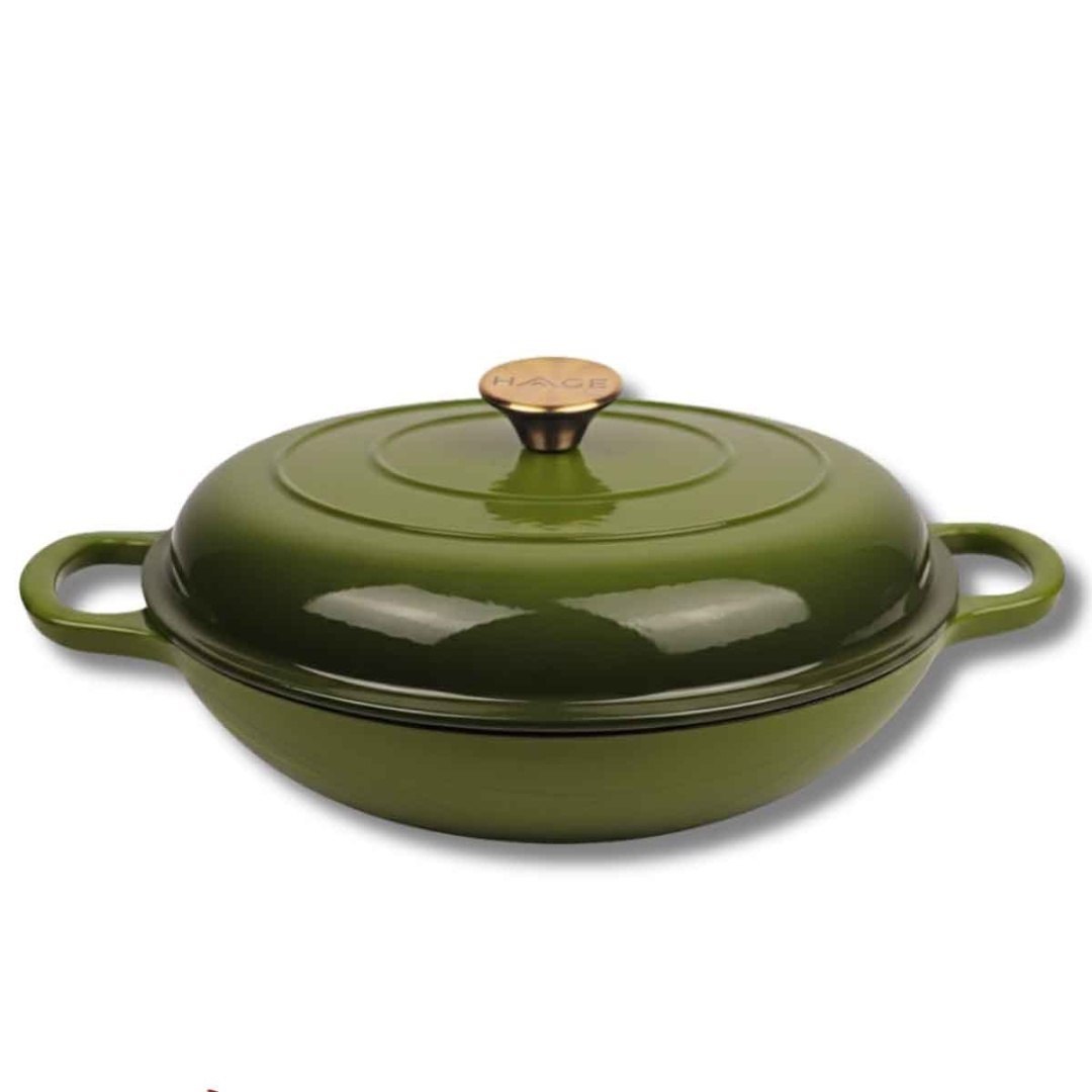 EMALIOWANY GARNEK ŻELIWNY PŁASKI 30cm 3L HAGE OLIWKOWY