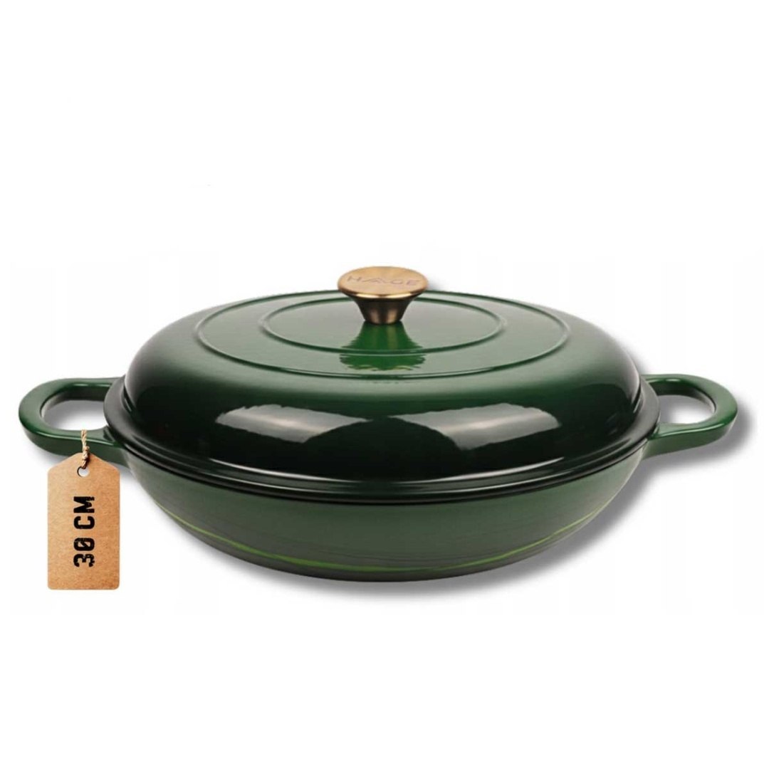 EMALIOWANY GARNEK ŻELIWNY PŁASKI 30cm 3L HAGE ZIELONY