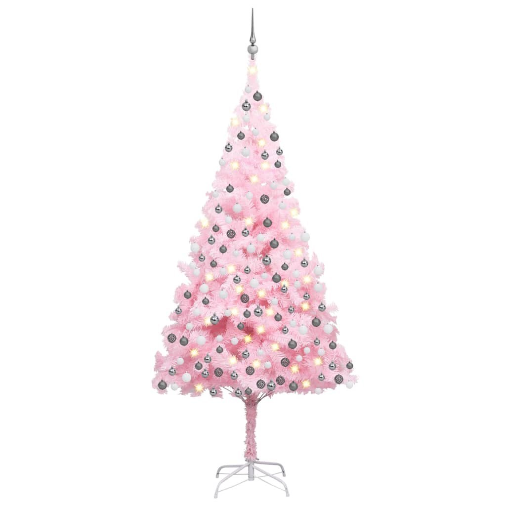 Sztuczna choinka z lampkami LED i bombkami, różowa, 210 cm, PVC Lumarko!