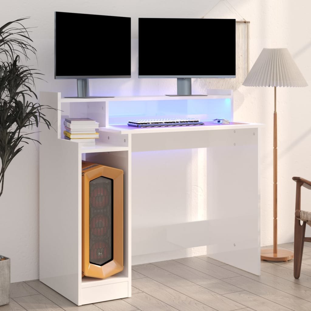 Biurko z podświetleniem LED, białe, wysoki połysk, 97x90x45 cm Lumarko!
