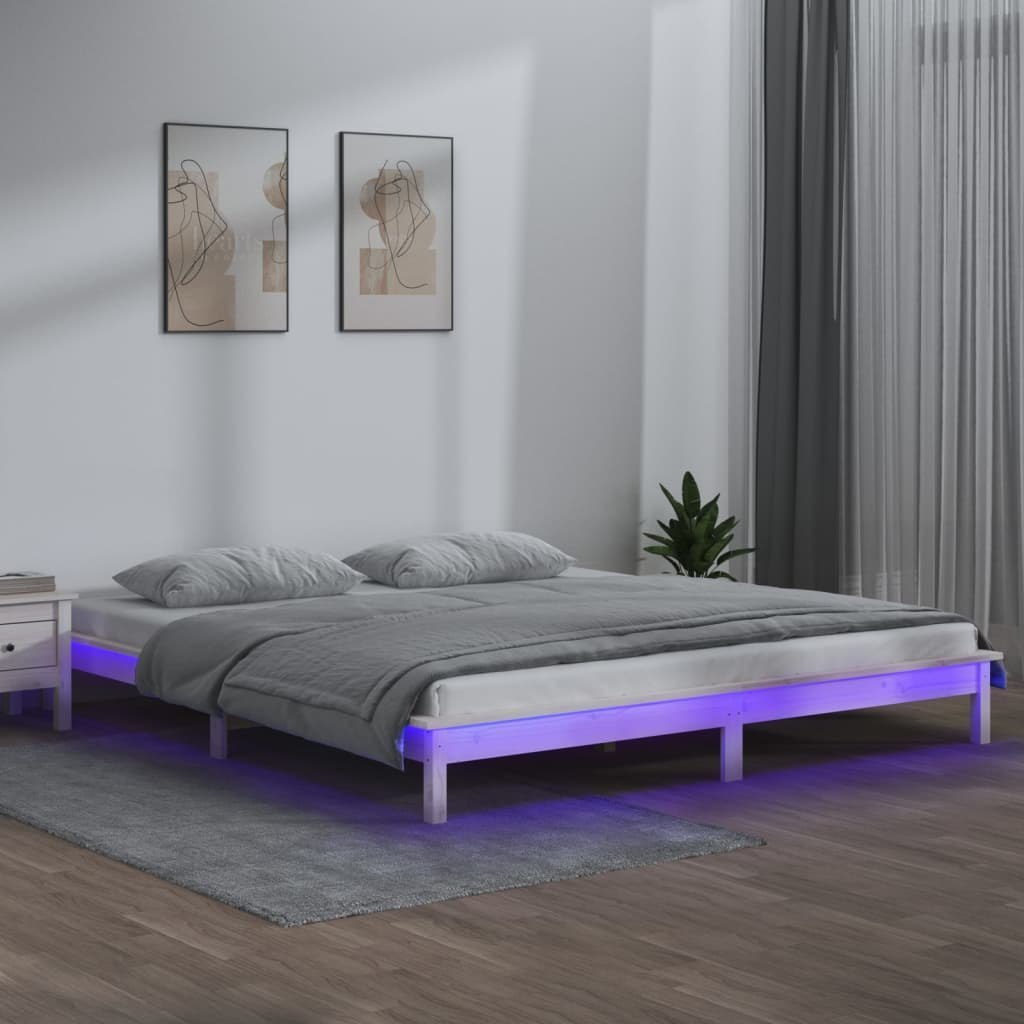 Rama łóżka z LED, biała, 120x200 cm, lite drewno Lumarko!