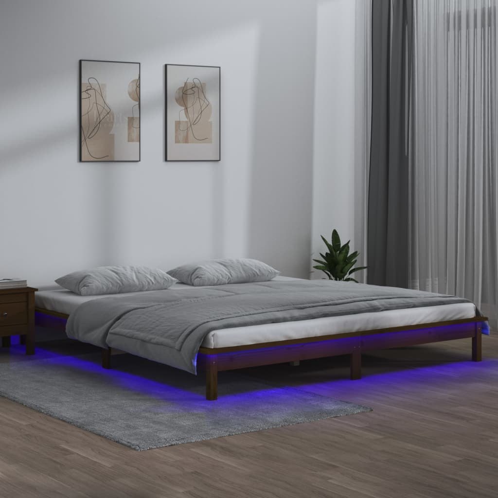 Rama łóżka z LED, miodowy brąz, 140x200 cm, lite drewno Lumarko!