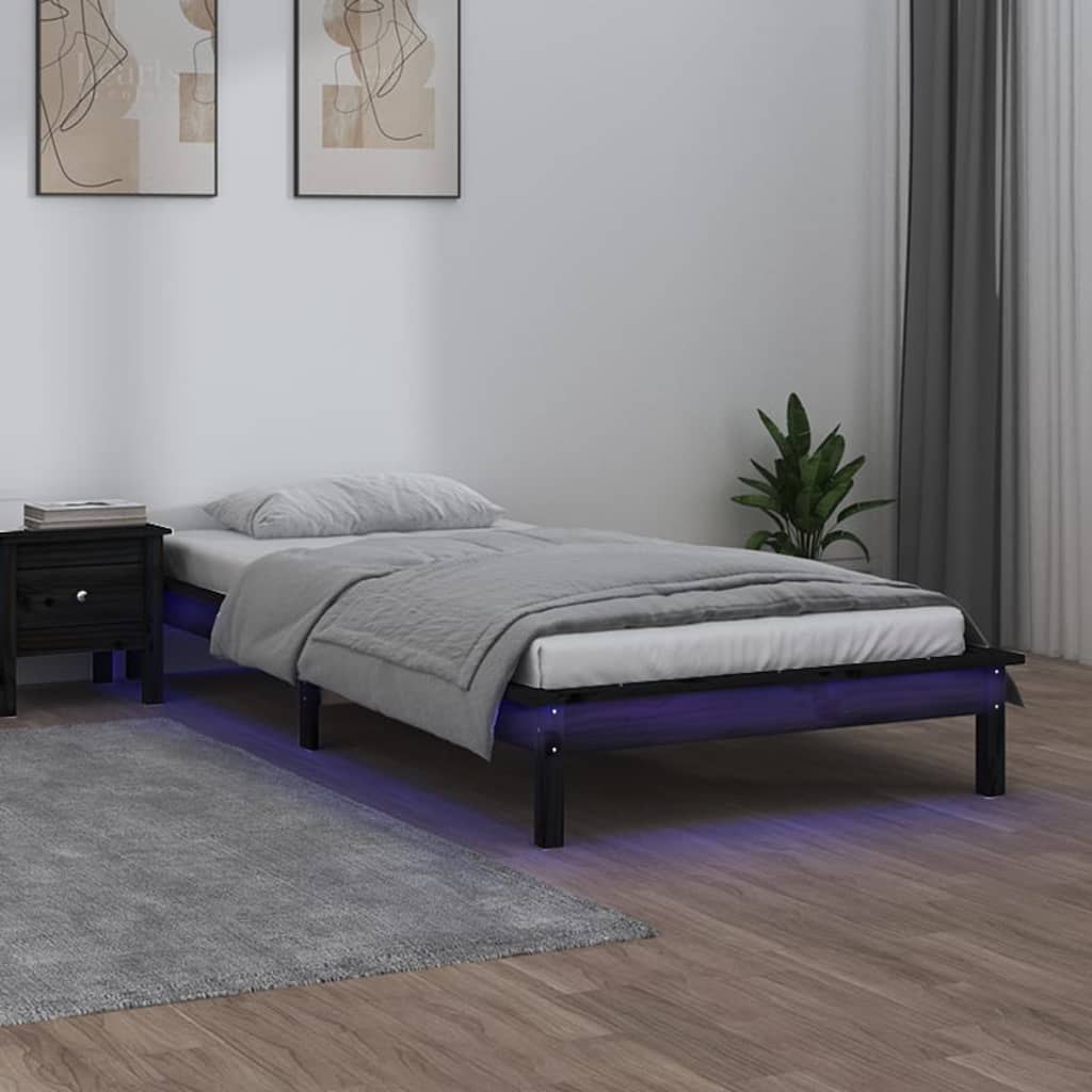 Rama łóżka z LED, czarna, 90x190 cm, pojedyncza, lite drewno Lumarko!