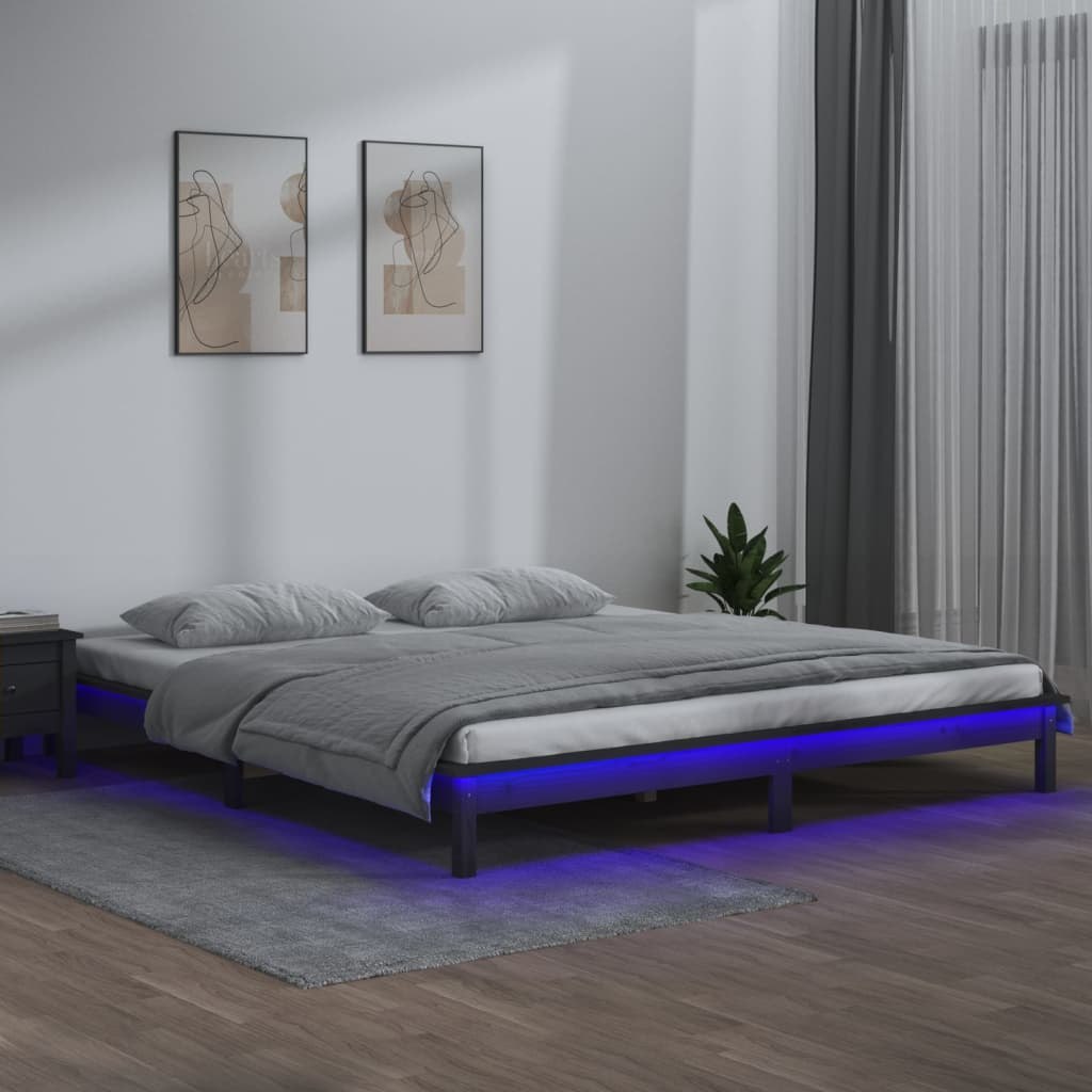 Rama łóżka z LED, szara, 120x190 cm, podwójna, lite drewno Lumarko!
