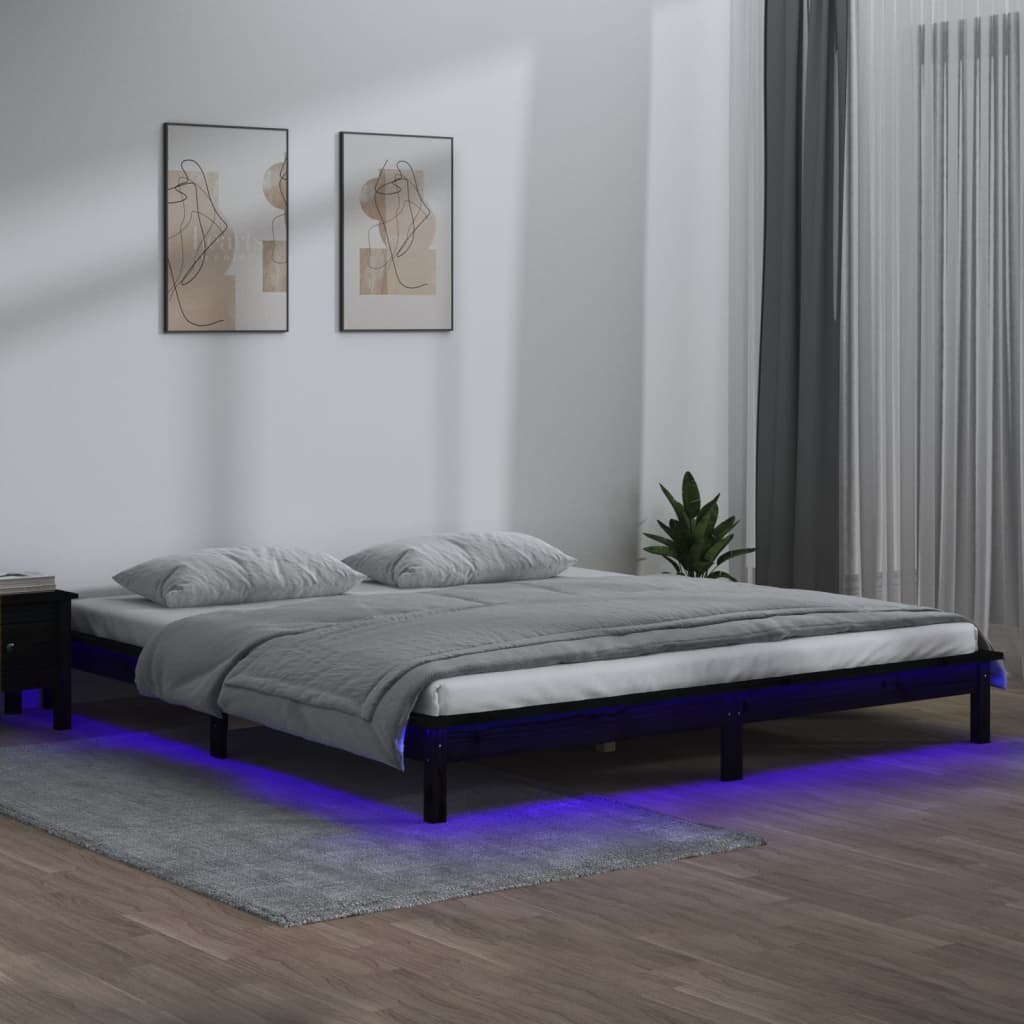 Rama łóżka z LED, czarna, 200x200 cm, lite drewno Lumarko!