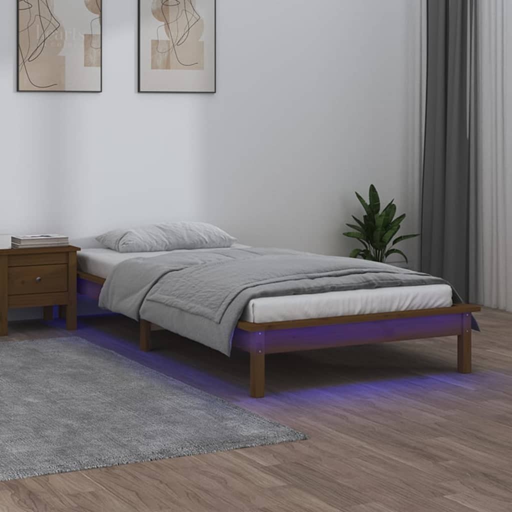 Rama łóżka z LED, miodowy brąz, 90x200 cm, lite drewno Lumarko!