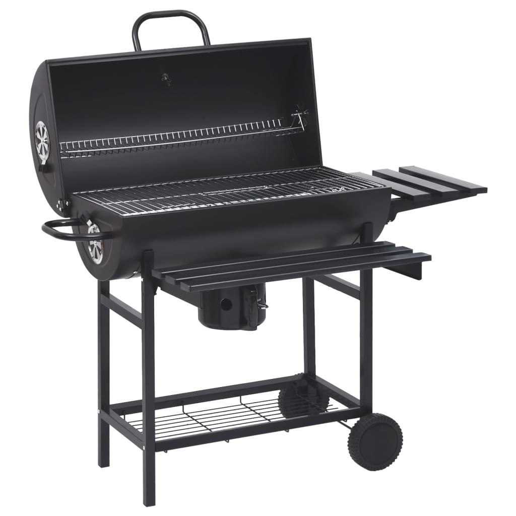 Grill beczkowy z kółkami i półkami, czarny, stal, 115x85x95 cm Lumarko!