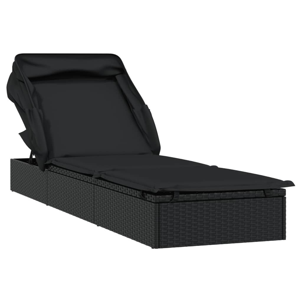 Leżak ze składanym dachem, czarny, 213x63x97 cm, polirattan Lumarko!