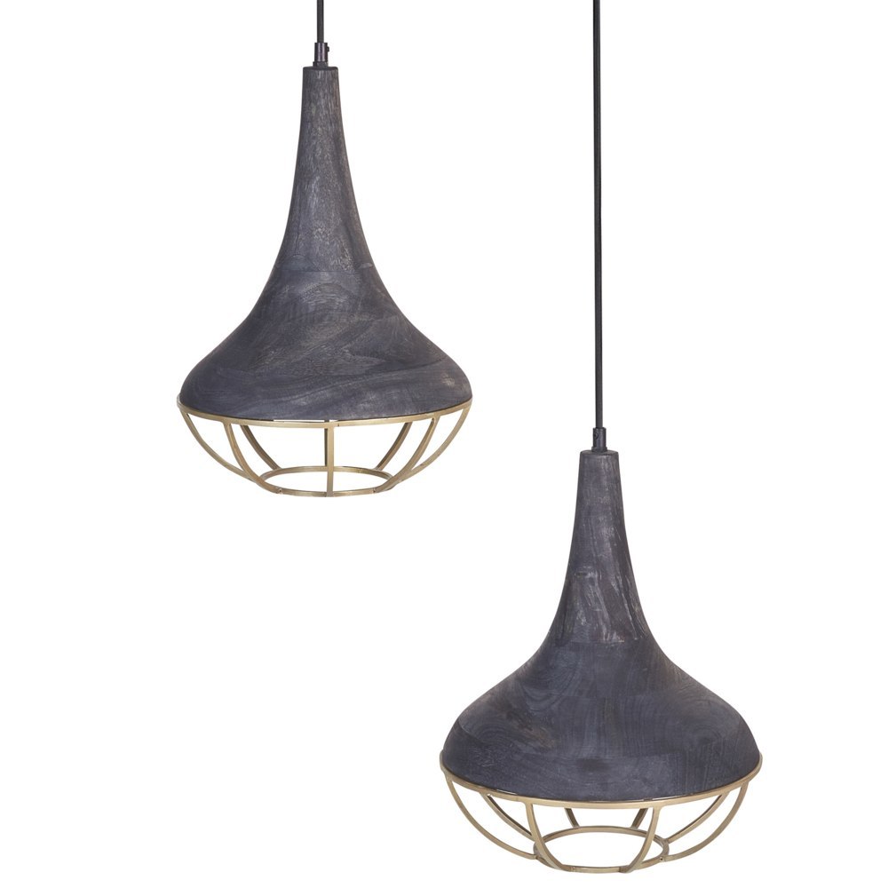 Lampa wisząca 2-punktowa drewno mango czarna z mosiężnym BAGMATI