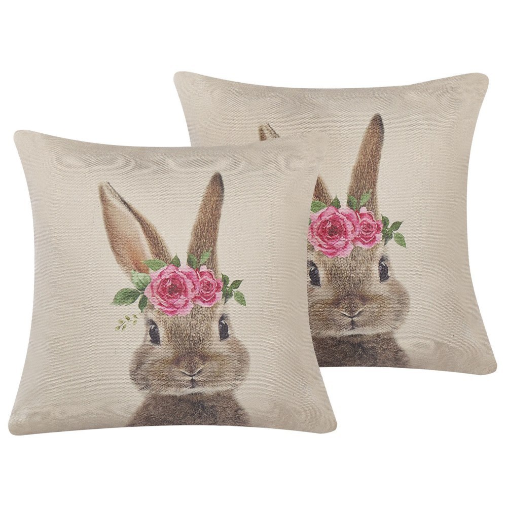 2 poduszki dekoracyjne z motywem królika 45 x 45 cm szarobeżowe TULIPA