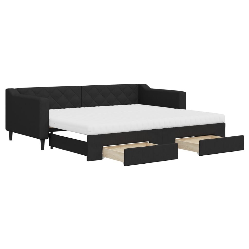 Sofa rozsuwana z szufladami, czarna, 90x200 cm, tkanina Lumarko!