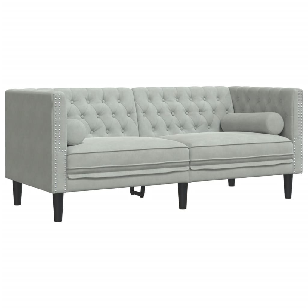 Sofa Chesterfield z wałkami, dwuosobowa, jasnoszara, aksamit Lumarko! Lumarko!