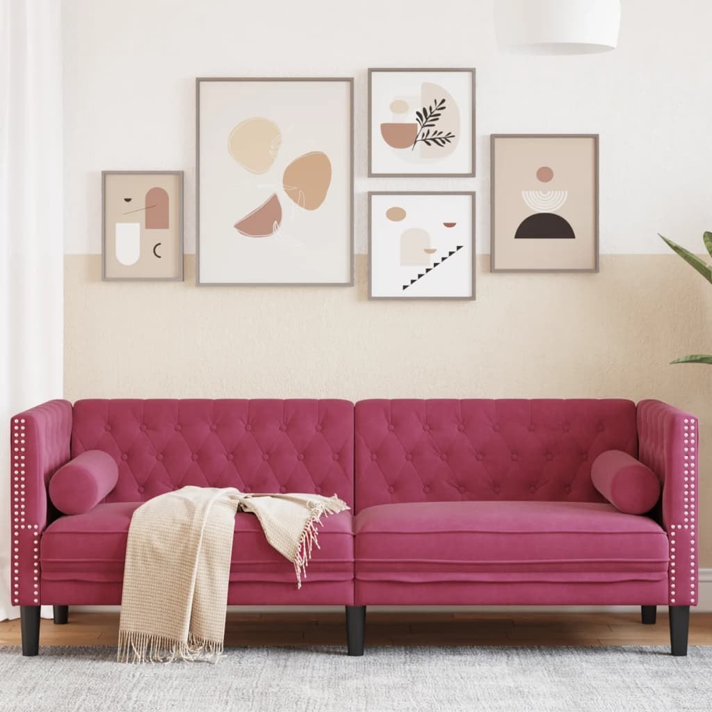 Sofa Chesterfield z wałkami, trzyosobowa, bordowa, aksamit Lumarko! Lumarko!