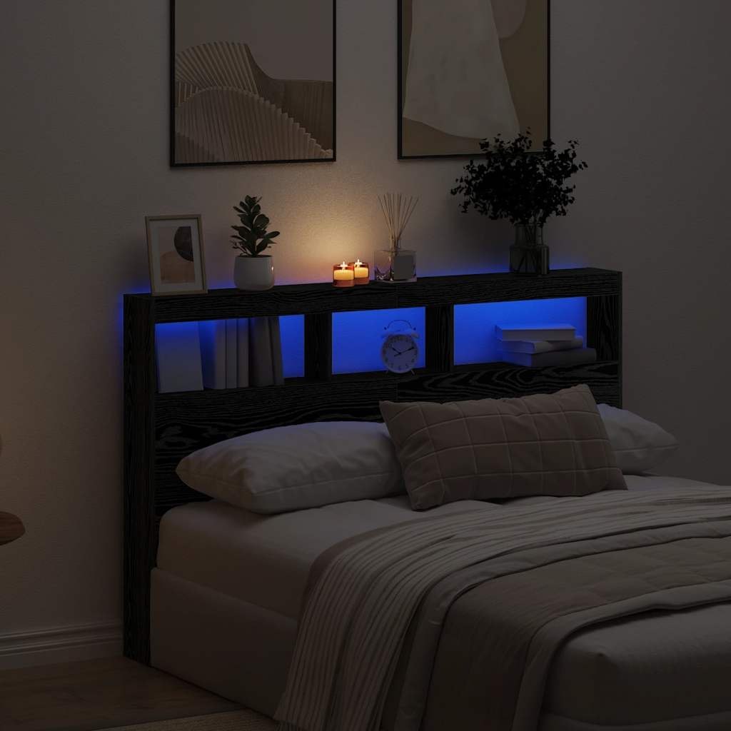 Zagłówek z półkami i LED, czarny dąb, 160x17x102 cm Lumarko! Lumarko!