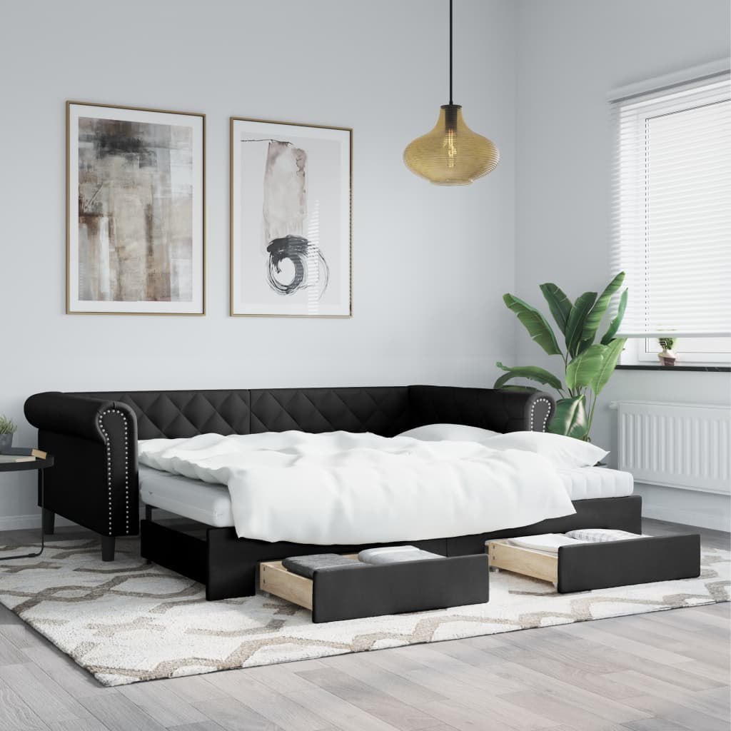 Sofa rozsuwana z szufladami, czarna, 90x200 cm, sztuczna skóra Lumarko! Lumarko!