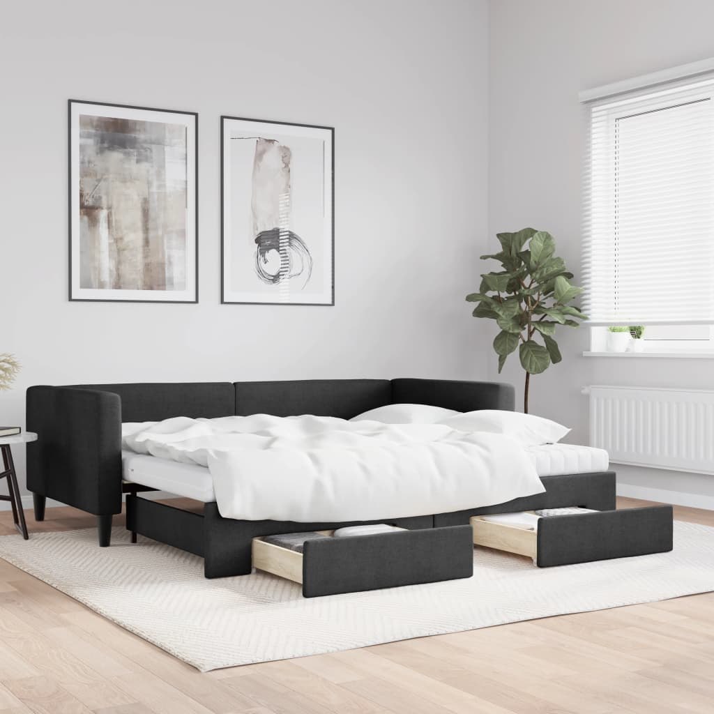 Sofa rozsuwana z szufladami, czarna, 90x200 cm, tkanina Lumarko! Lumarko!