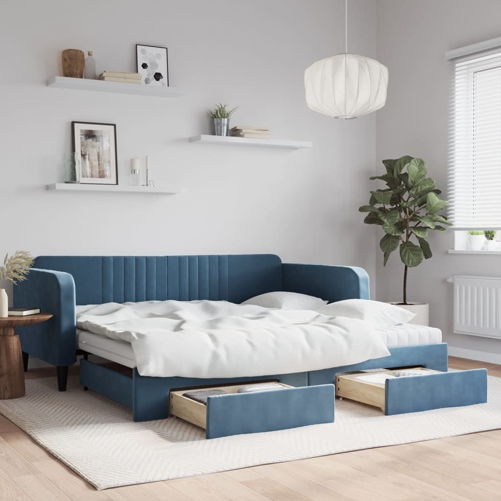 Sofa rozsuwana z szufladami, niebieska, 100x200 cm, aksamit Lumarko! Lumarko!