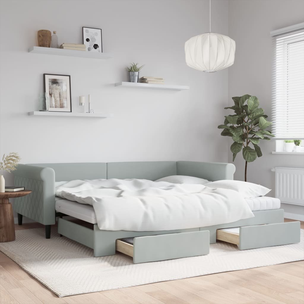 Sofa rozsuwana z szufladami, jasnoszara, 100x200 cm, aksamit Lumarko! Lumarko!