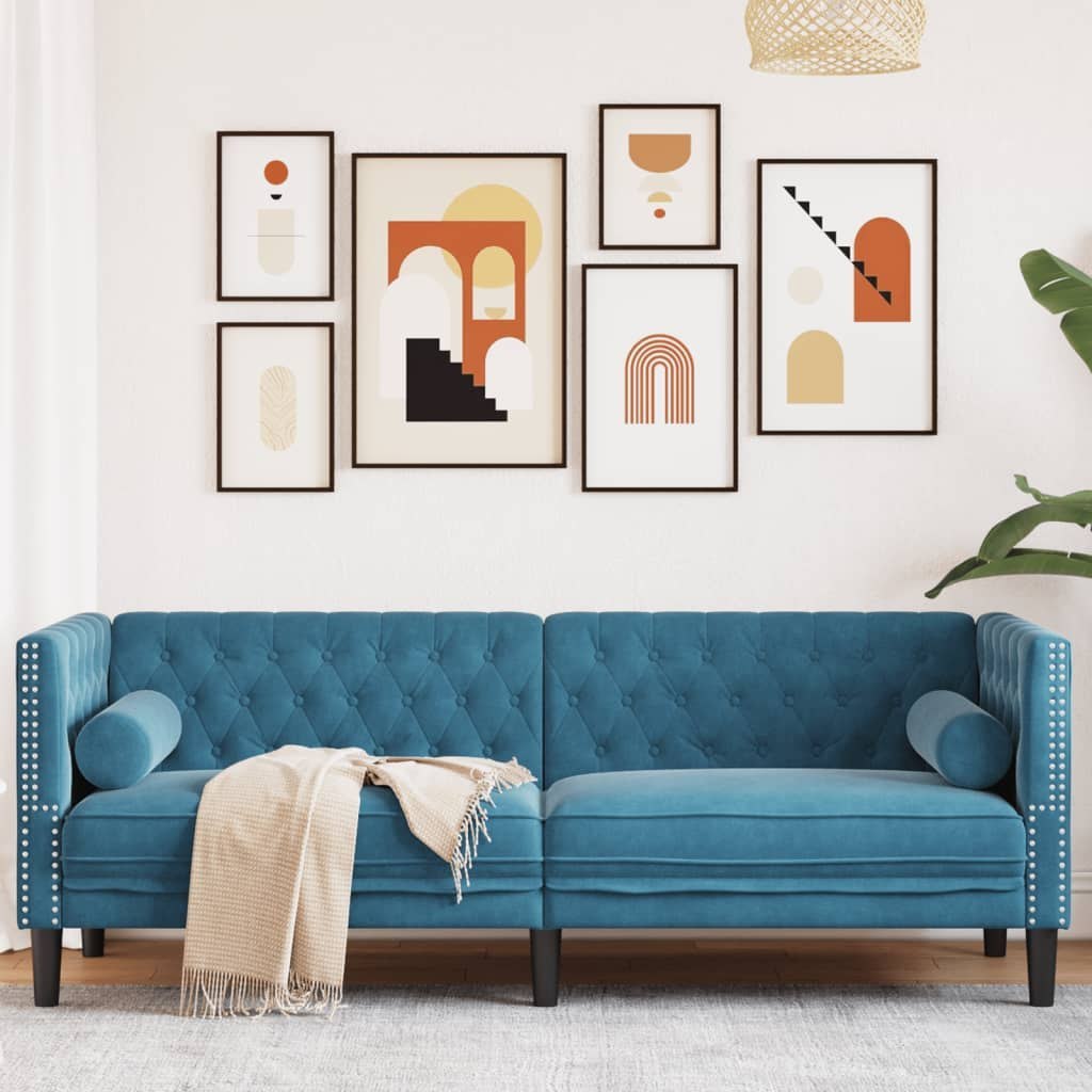 Sofa Chesterfield z wałkami, trzyosobowa, niebieska, aksamit Lumarko! Lumarko!