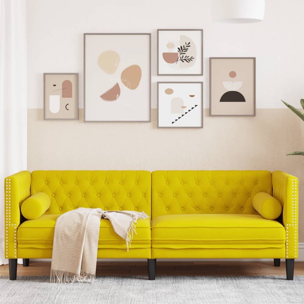 Sofa Chesterfield z wałkami, trzyosobowa, żółta, aksamit Lumarko! Lumarko!