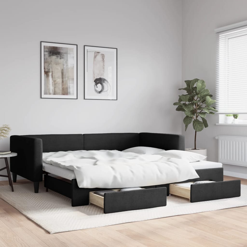 Sofa rozsuwana z szufladami, czarna, 100x200 cm, tkanina Lumarko!
