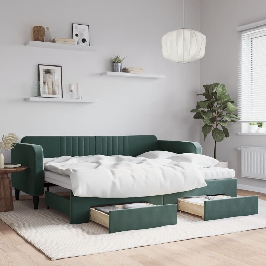 Sofa rozsuwana z szufladami, ciemnozielona, 90x200 cm, aksamit Lumarko!