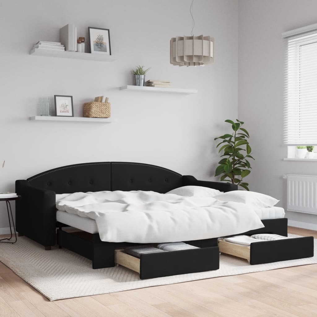 Sofa rozsuwana z szufladami, czarna, 90x190 cm, tkanina Lumarko!