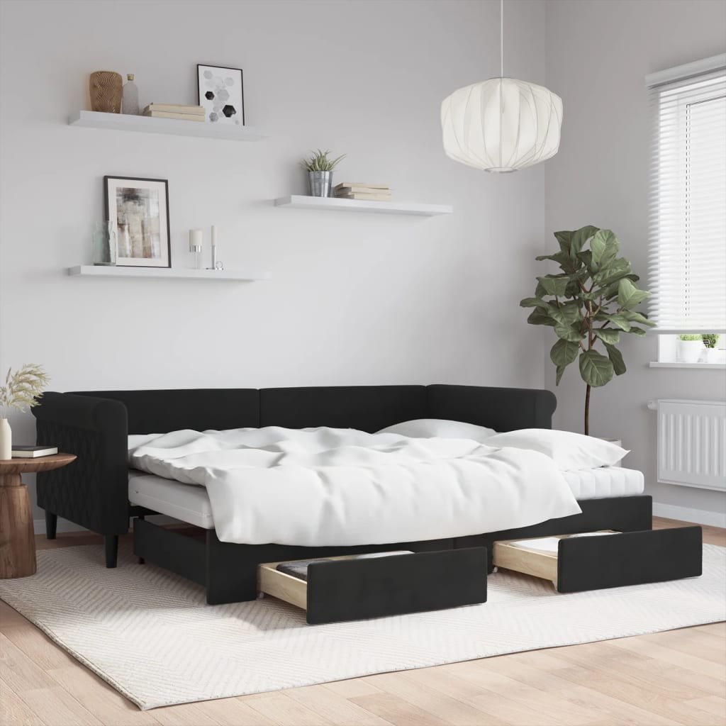 Sofa rozsuwana z szufladami, czarna, 90x200 cm, aksamit Lumarko!