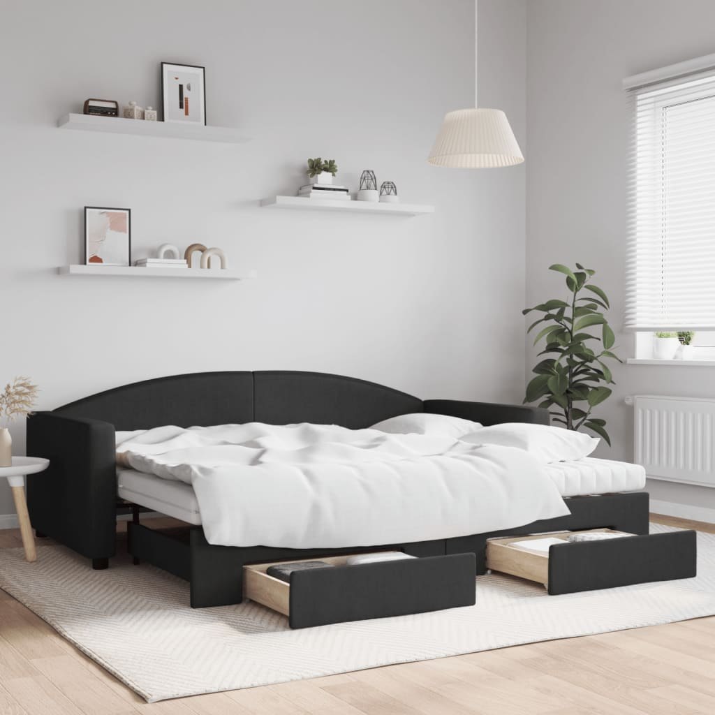 Sofa rozsuwana z szufladami, czarna, 90x200 cm, tkanina Lumarko!