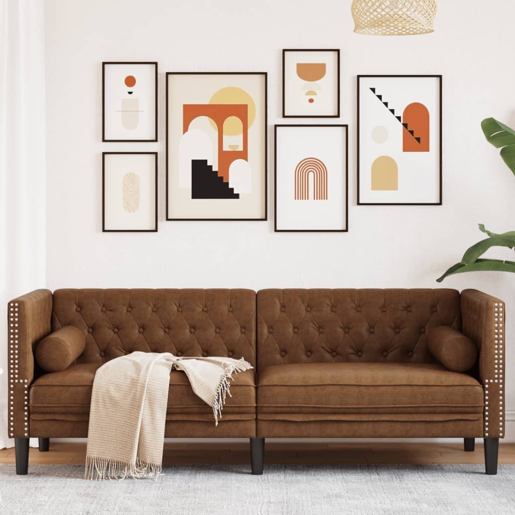 Sofa Chesterfield z wałkami, 3-os., brązowa, sztuczny zamsz Lumarko!