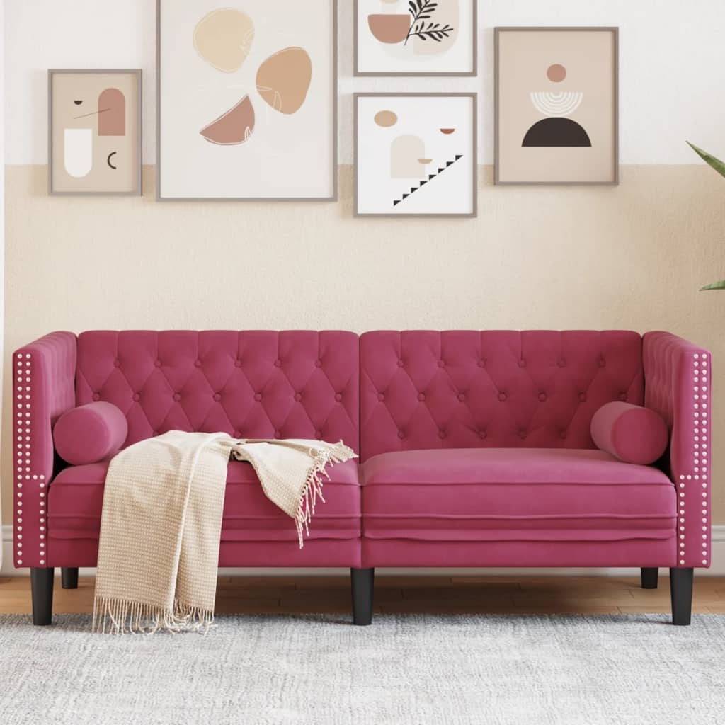 Sofa Chesterfield z wałkami, dwuosobowa, bordowa, aksamit Lumarko!